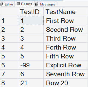 Result after Reseeding the Identity column to 20