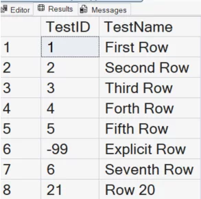 Result after Reseeding the Identity column to 20