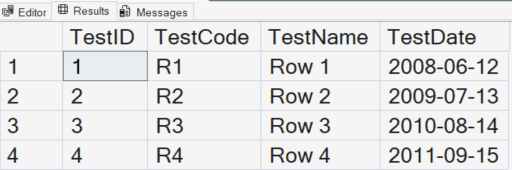 Results of the TestTable after inserting four records