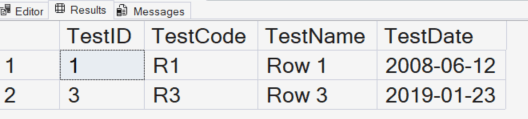 Results of the TestTable after Updating record 3 and Deleting records 2 and 4.