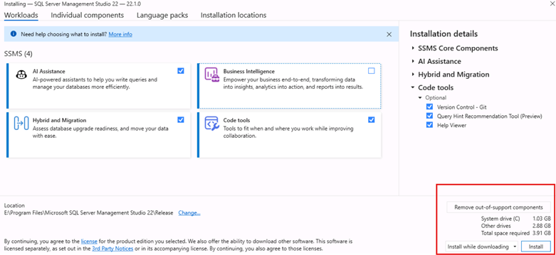 On the Workloads page, select the additional features that you want and then click Install.