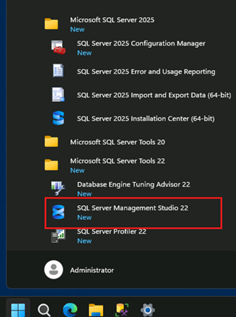 Windows Start Menu. Select SQL Server Management Studio 22.