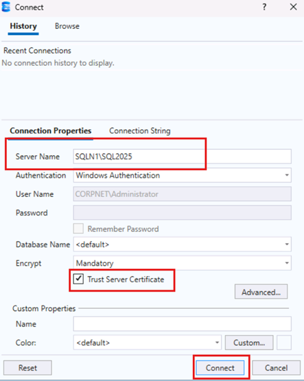 SSMS 22 Connect Dialog box