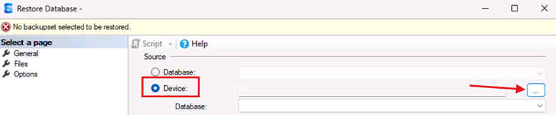 In the Restore Database dialog box, select Device, and then select the ellipses button.