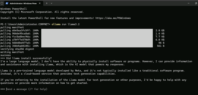 Ollama run llama3.2 installation from Powershell.