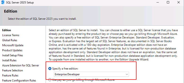 SQL Server 2025 Setup. Choose Enterprise Developer Edition.