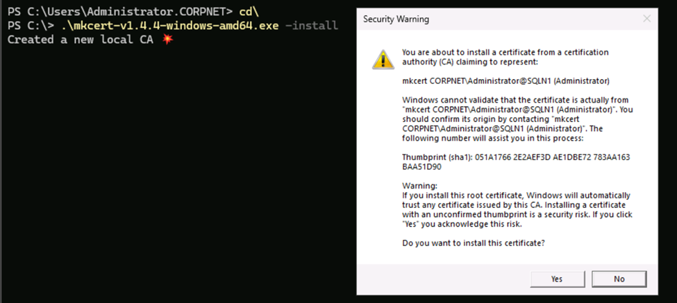Security Warning box to install certificate.