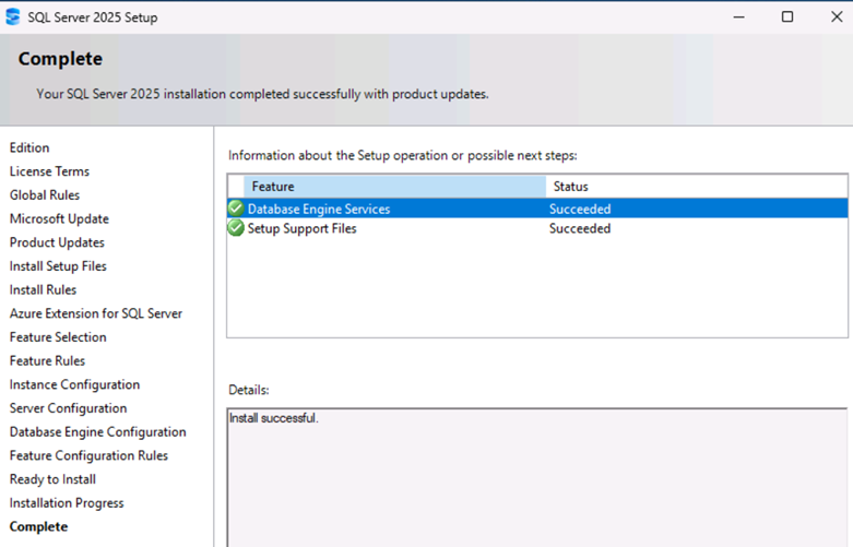 SQL Server 2025 Complete Setup Dialog Box.