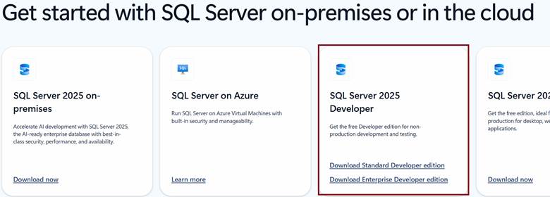 Get Started with SQL Server On-Premises. Select Developer Edition.