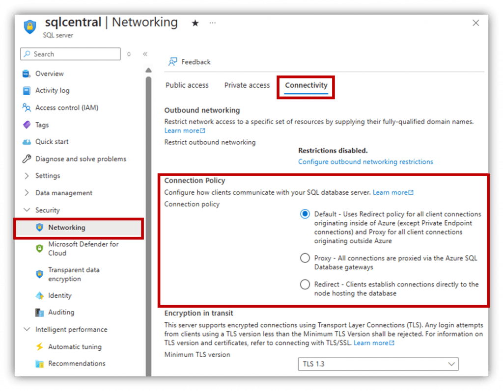 How to configure the connection policy in Azure SQL 