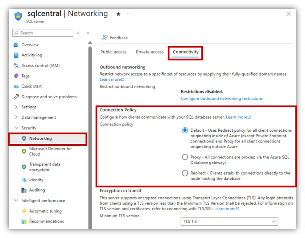 How to configure the connection policy in Azure SQL 