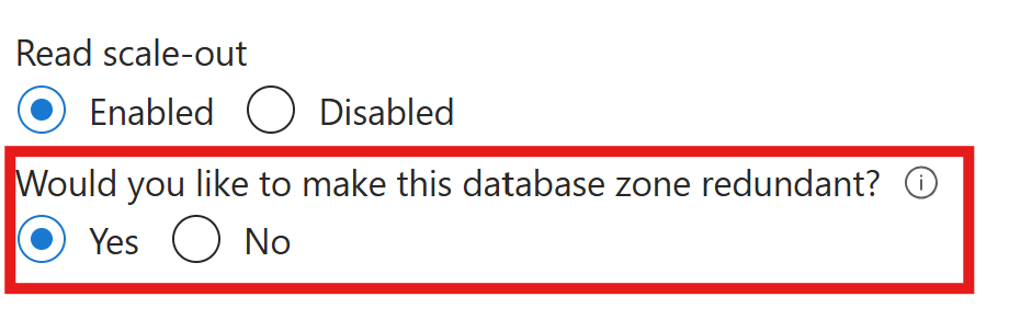 Zone Redundancy radio buttons.