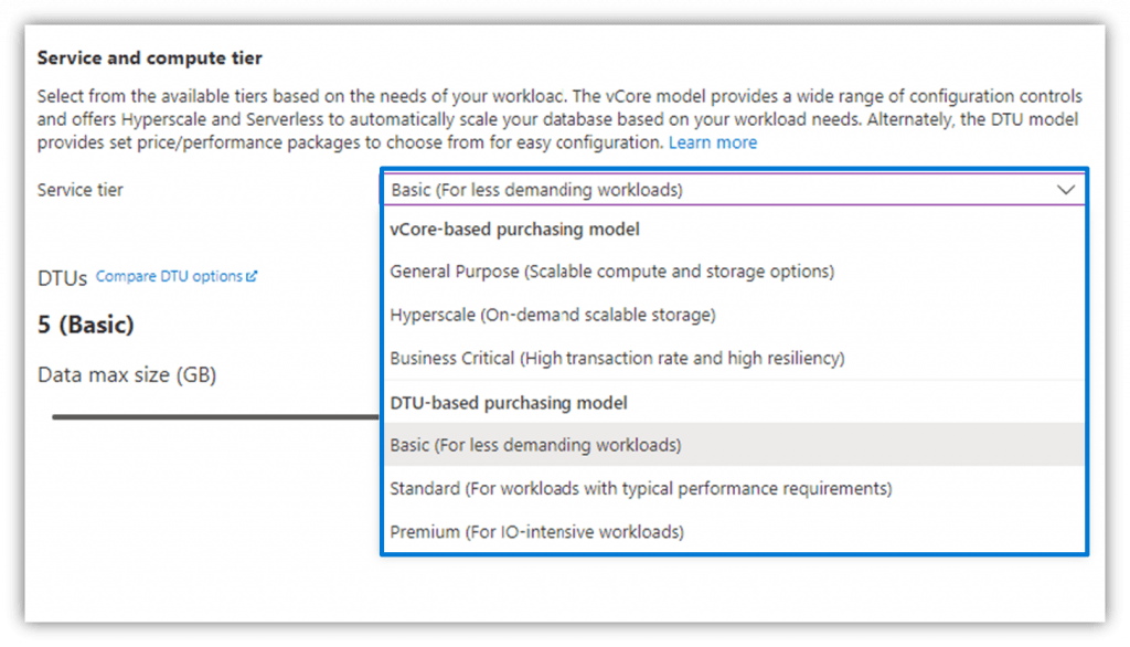 Selecting Azure SQL Purchasing Models and Service Tiers.