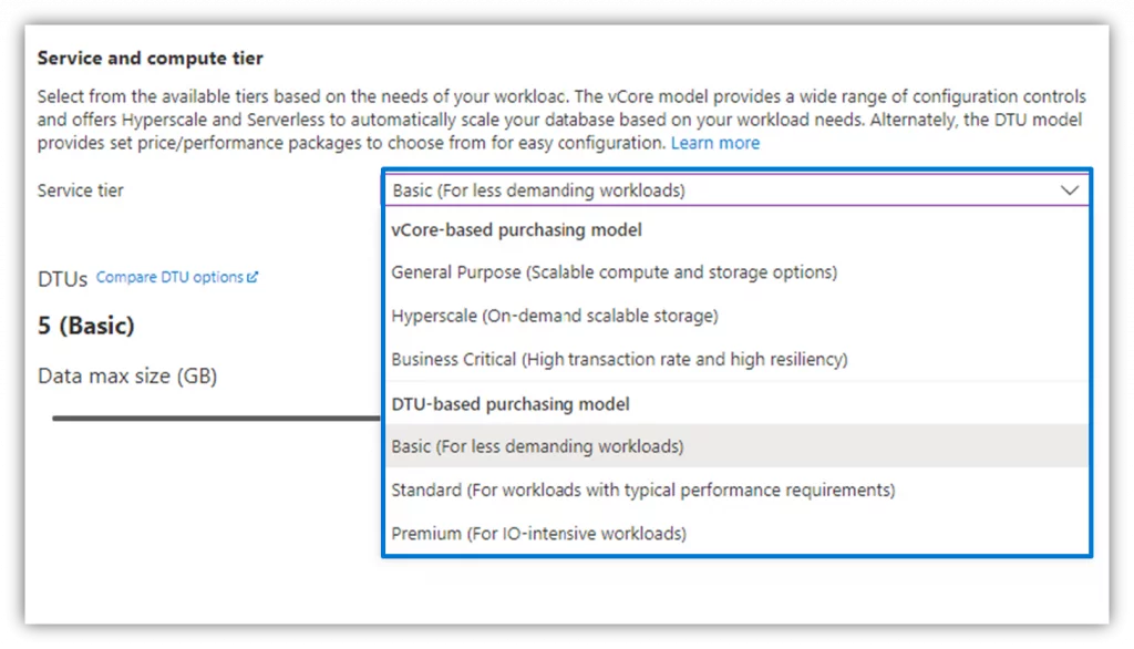 Selecting Azure SQL Purchasing Models and Service Tiers.