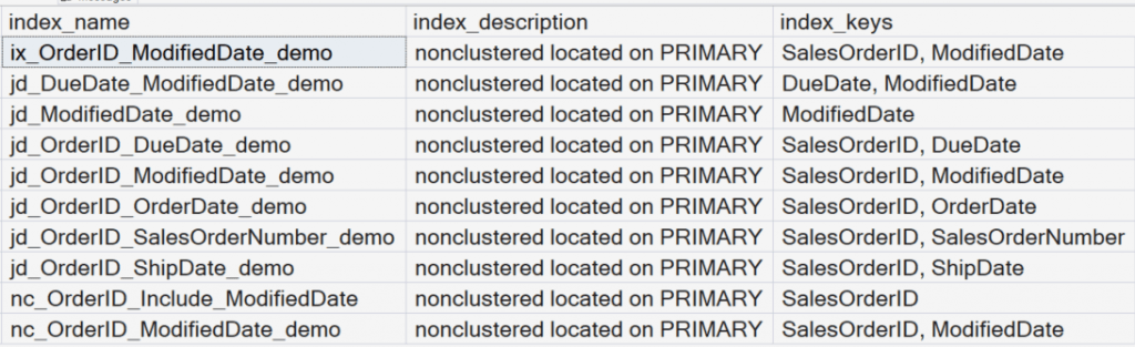 Results of sp_helpindex shows 10 non-clustered indexes.