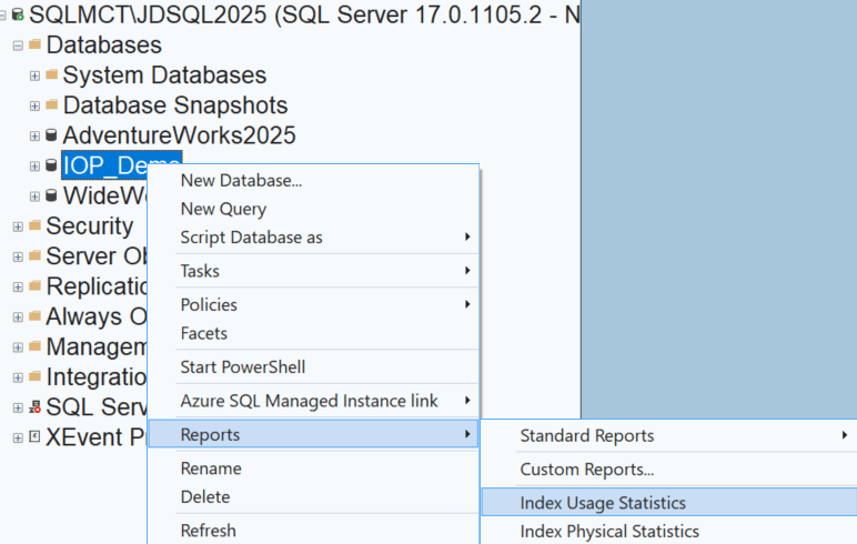 Index Usage Statistics Report in SQL Server Management Studio (SSMS).