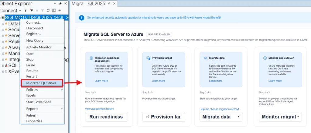 Object Explorer - Migrate SQL Server