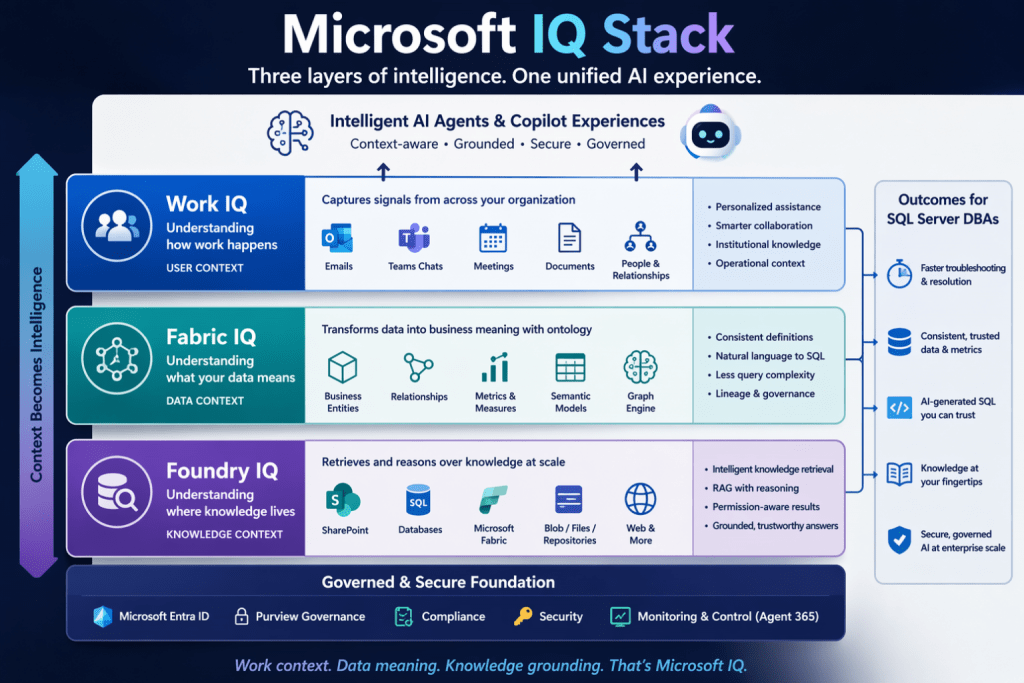 The Microsoft IQ Stack. Three layers of intelligence. One unified AI Experience. (Work IQ, Fabric IQ, Foundry IQ)