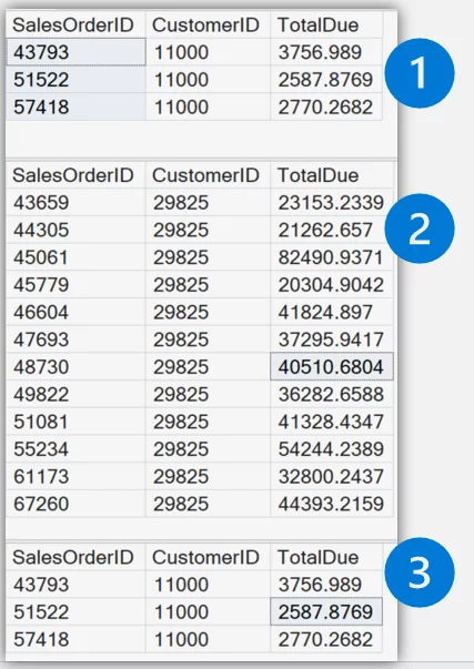 Result of three dynamic queries of the Sales.SalesOrderHeader table.