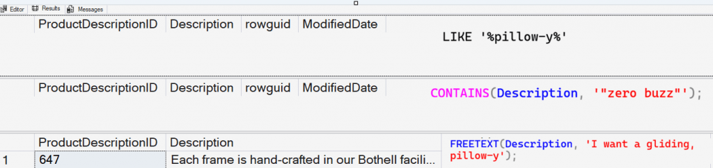 Results of Like, Contains, and FreeText search.