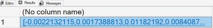 Result of using AI_GENERATE_EMBEDDINGS to generate a vector embedding from the text "Hello from SQL".