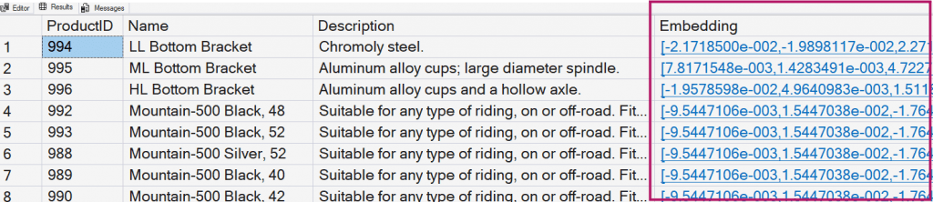 Result from Selecting the Production.ProductDescriptionEmbeddings table to see Embeddings.