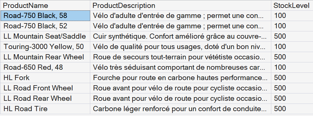 Results from the products vector search but in French.