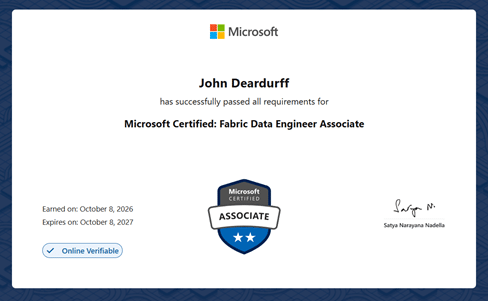 John Deardurff certificate for Microsoft Certified: Fabric Data Engineer