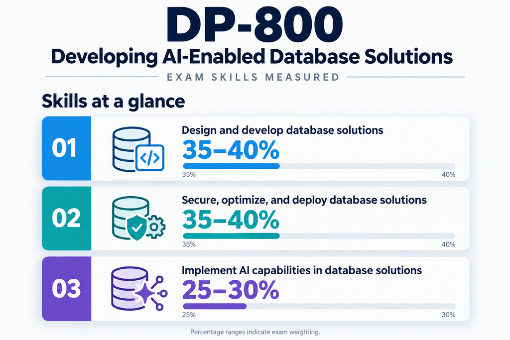 Skills Measured for the DP-800: Developing AI-Enable Database Solutions Exam.