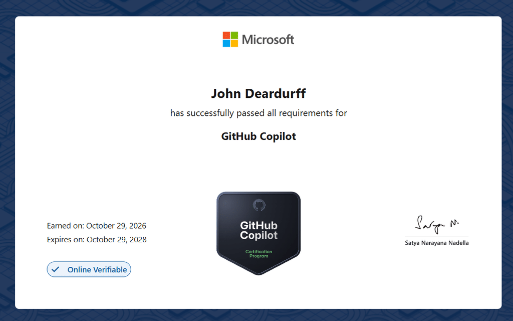 John Deardurff GH-300: GitHub Copilot certificate