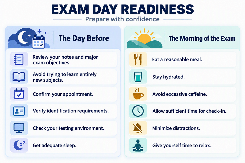 Exam Day Readiness. The Day Before
Review your notes and major exam objectives.
Avoid trying to learn entirely new subjects.
Confirm your appointment.
Verify identification requirements.
Check your testing environment.
Get adequate sleep. The Morning of the Exam
Eat a reasonable meal.
Stay hydrated.
Avoid excessive caffeine.
Allow sufficient time for check-in.
Minimize distractions.
Give yourself time to relax.